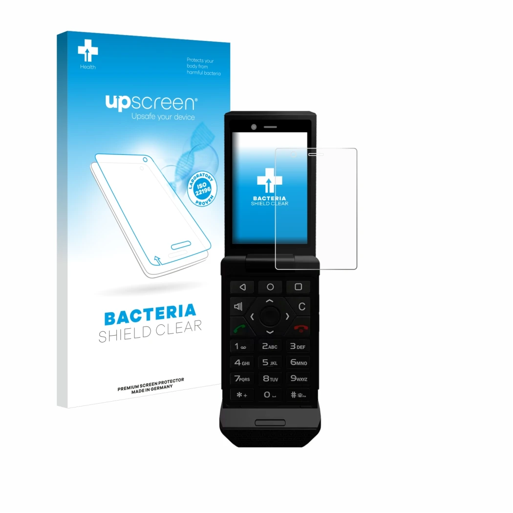 Front side of a product packaging with the brand logo upscreen. Next to it is the device Caterpillar Cat S22 Flip shown with t