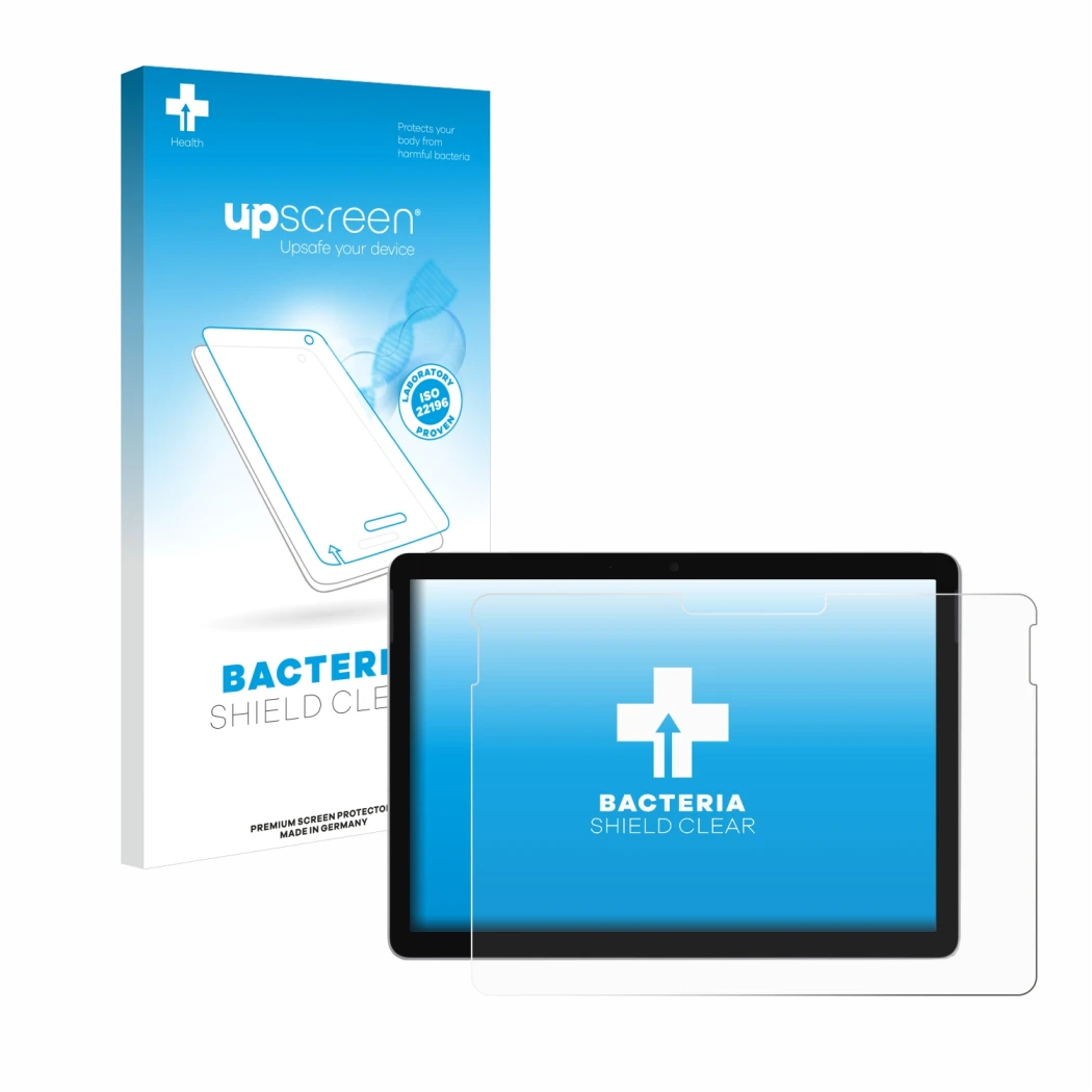 Front side of a product packaging with the brand logo upscreen. Next to it is the device Microsoft Surface Go 3 shown with the