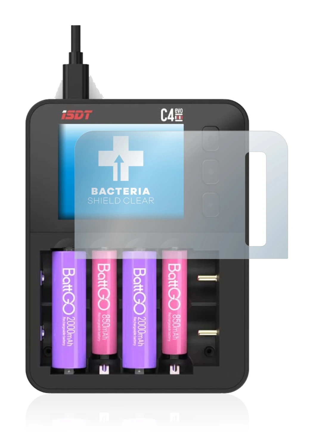 Image of the device ISDT C4 Evo with a wide variety of screen protectors.