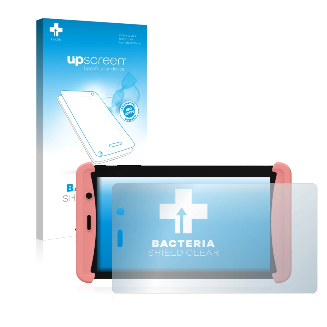 Front side of a product packaging with the brand logo upscreen. Next to it is the device Kurio Tab Lite 2 shown with the corre
