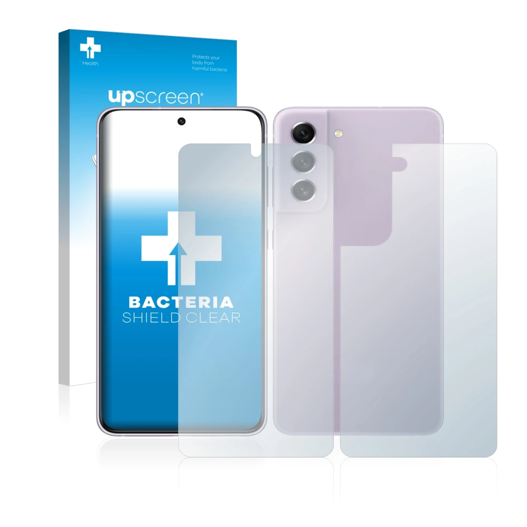 Front side of a product packaging with the brand logo upscreen. Next to it is the device Samsung Galaxy S21 FE 5G (Front+Back)