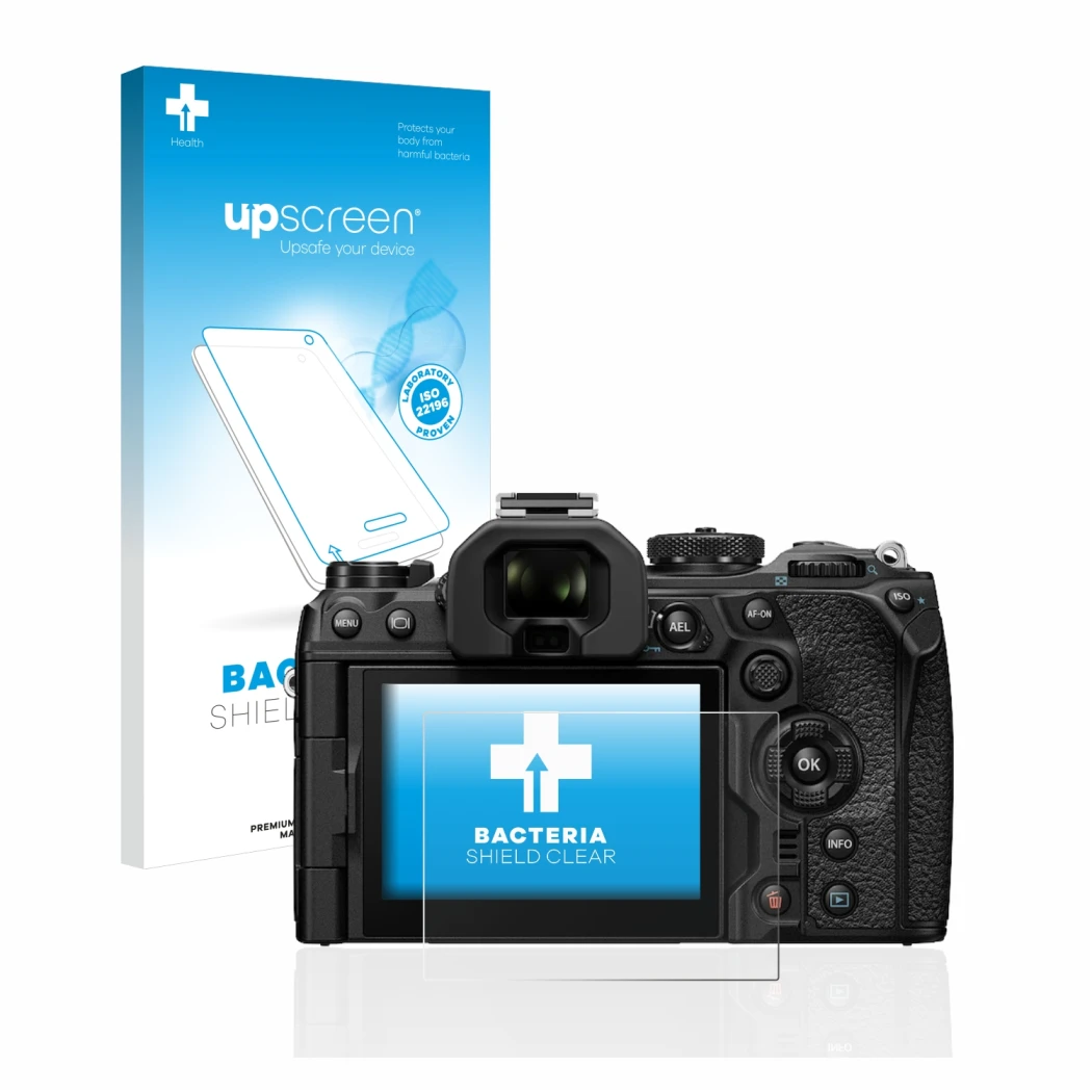 Front side of a product packaging with the brand logo upscreen. Next to it is the device Olympus OM-1 2022 shown with the corr