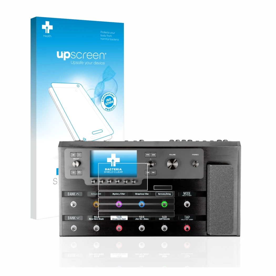 Front side of a product packaging with the brand logo upscreen. Next to it is the device Line 6 Helix Floor shown with the cor