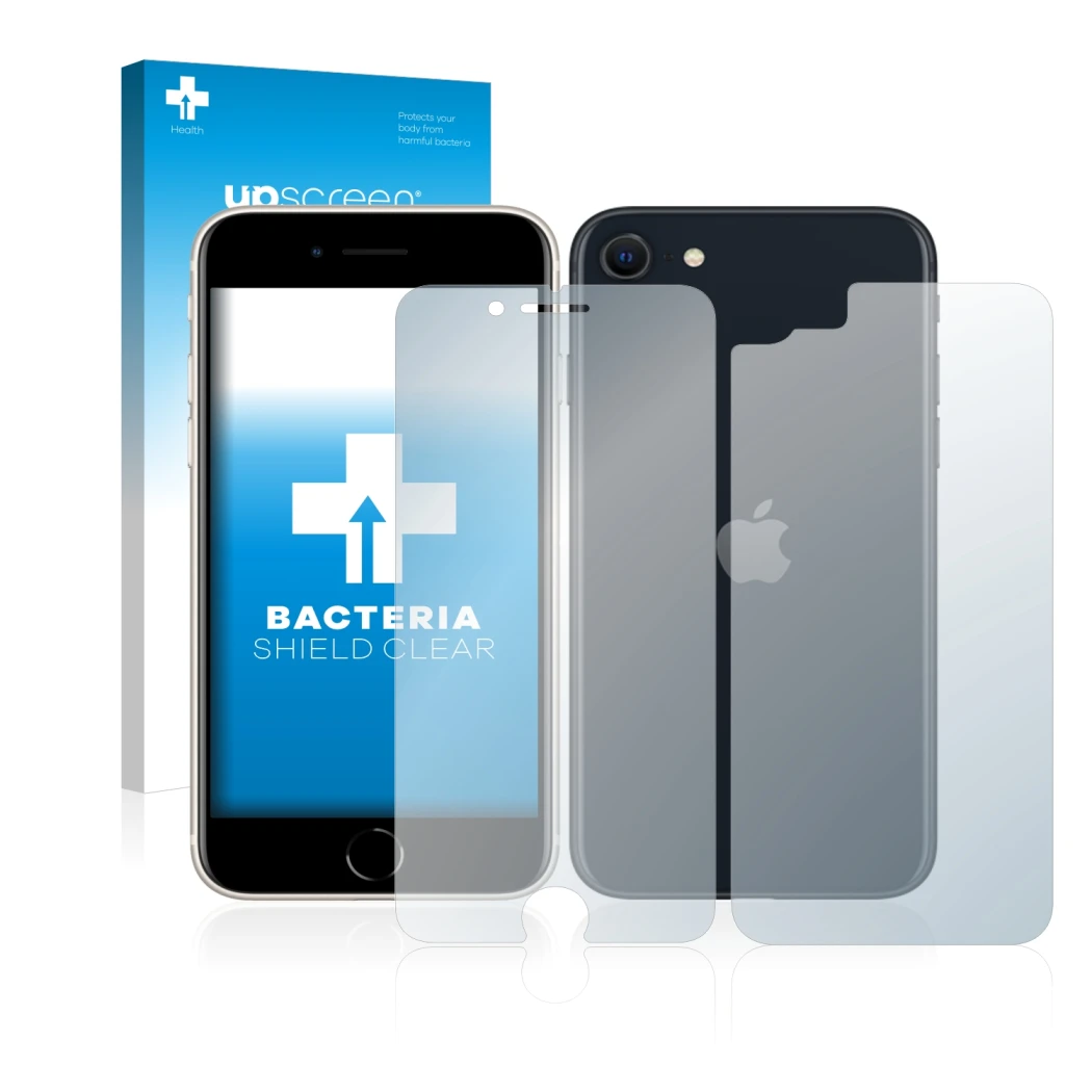 Front side of a product packaging with the brand logo upscreen. Next to it is the device Apple iPhone SE 3 2022 (Front+Back) s