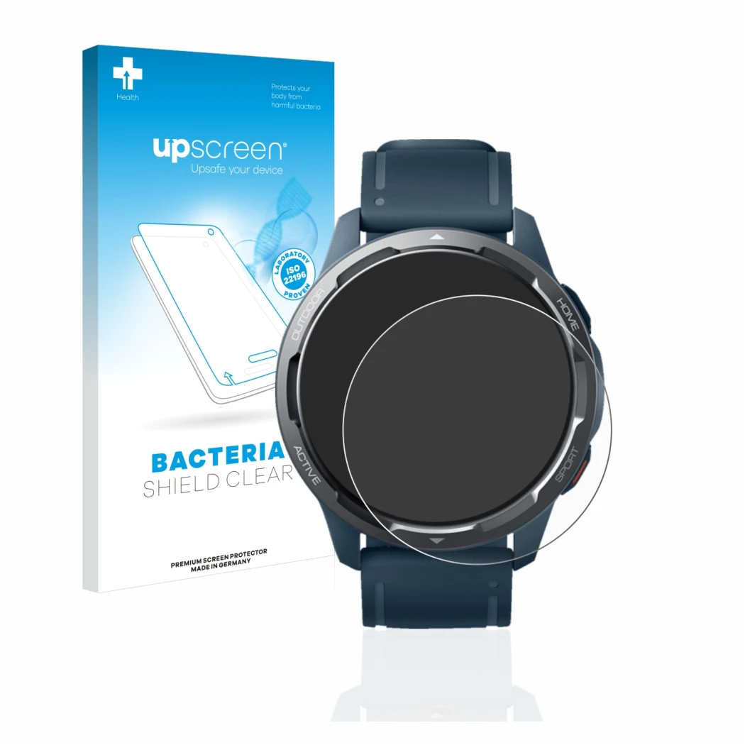 Front side of a product packaging with the brand logo upscreen. Next to it is the device Xiaomi Watch S1 Active shown with the