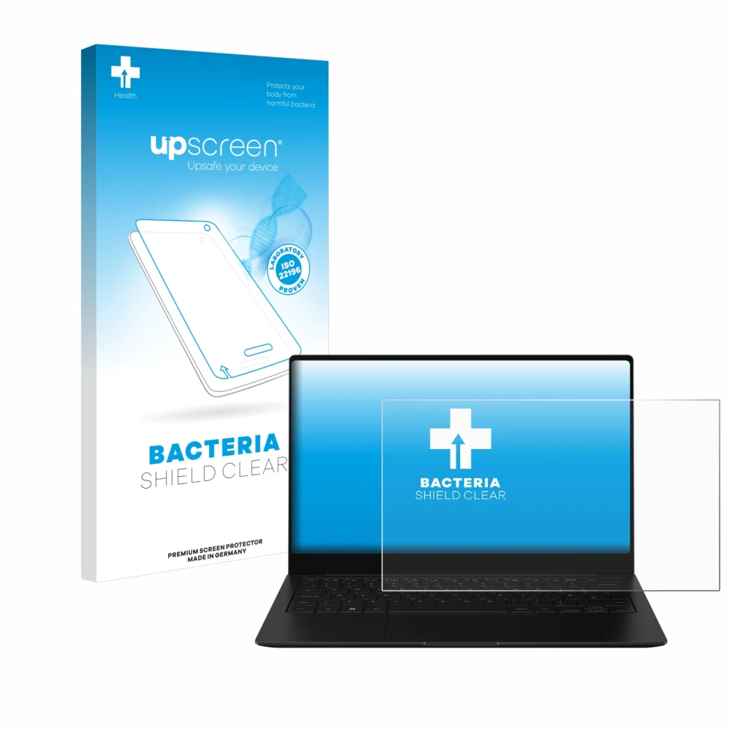 Front side of a product packaging with the brand logo upscreen. Next to it is the device Samsung Galaxy Book2 Pro 13.3