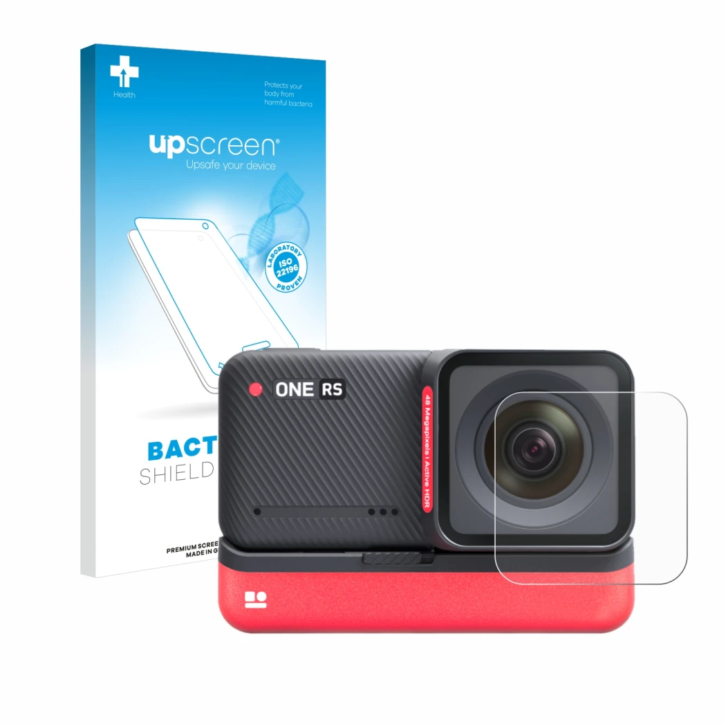 Front side of a product packaging with the brand logo upscreen. Next to it is the device Insta360 One RS 4K Edition (Lens) sho