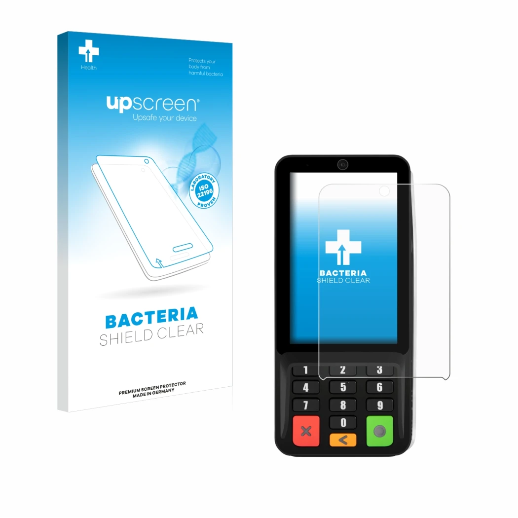 Front side of a product packaging with the brand logo upscreen. Next to it is the device Pax A35 shown with the corresponding