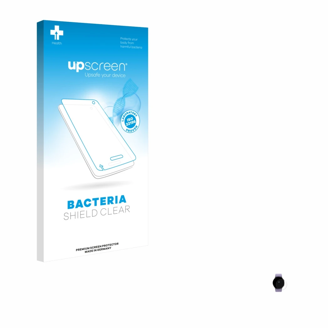 Front side of a product packaging with the brand logo upscreen. Next to it is the device Samsung Galaxy Watch 5 (40mm) shown w