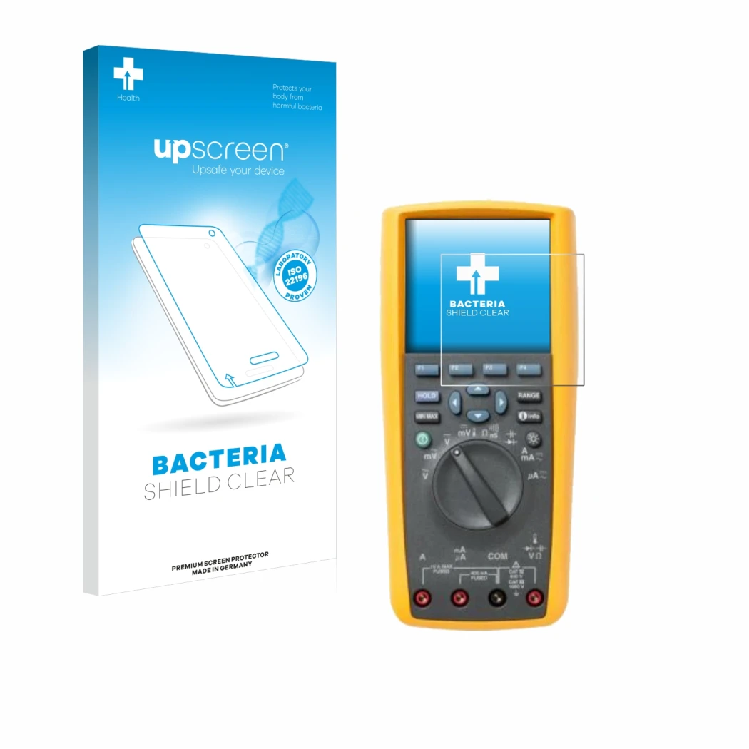 Front side of a product packaging with the brand logo upscreen. Next to it is the device Fluke 287 shown with the correspondin