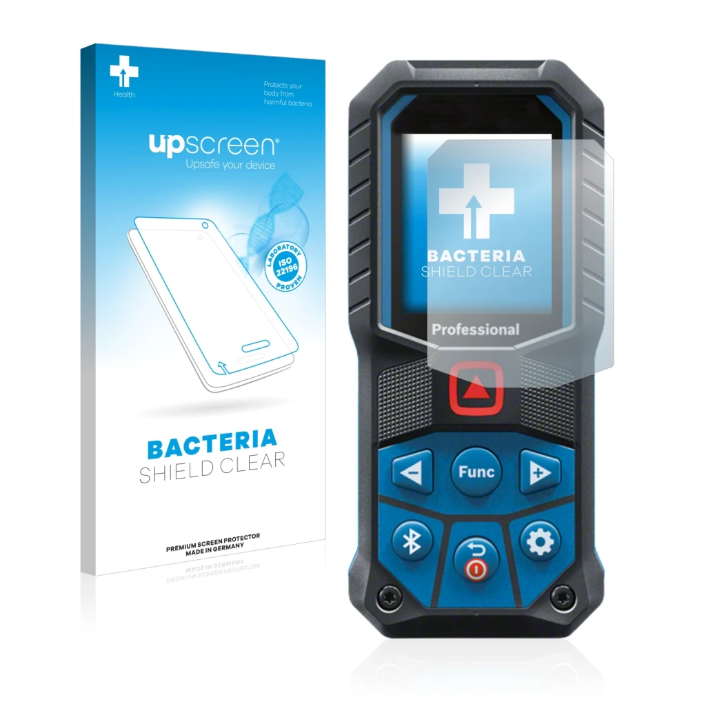 Front side of a product packaging with the brand logo upscreen. Next to it is the device Bosch GLM 50-27 C shown with the corr