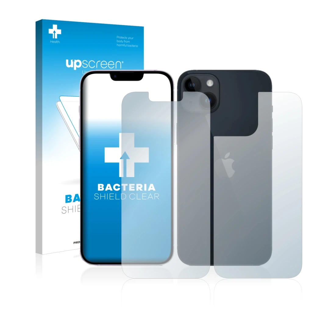 Front side of a product packaging with the brand logo upscreen. Next to it is the device Apple iPhone 14 (Front+Back) shown wi