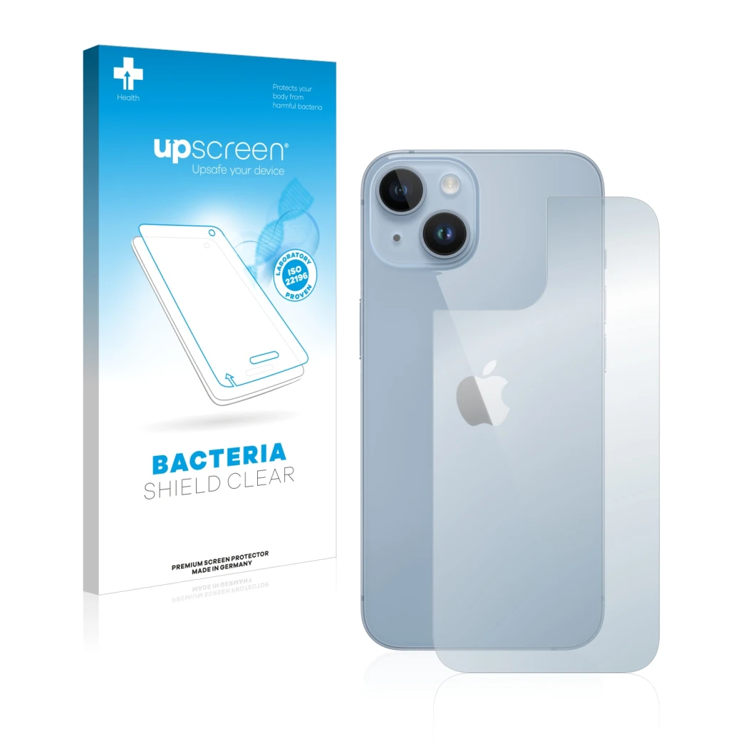 Front side of a product packaging with the brand logo upscreen. Next to it is the device Apple iPhone 14 (Back) shown with the