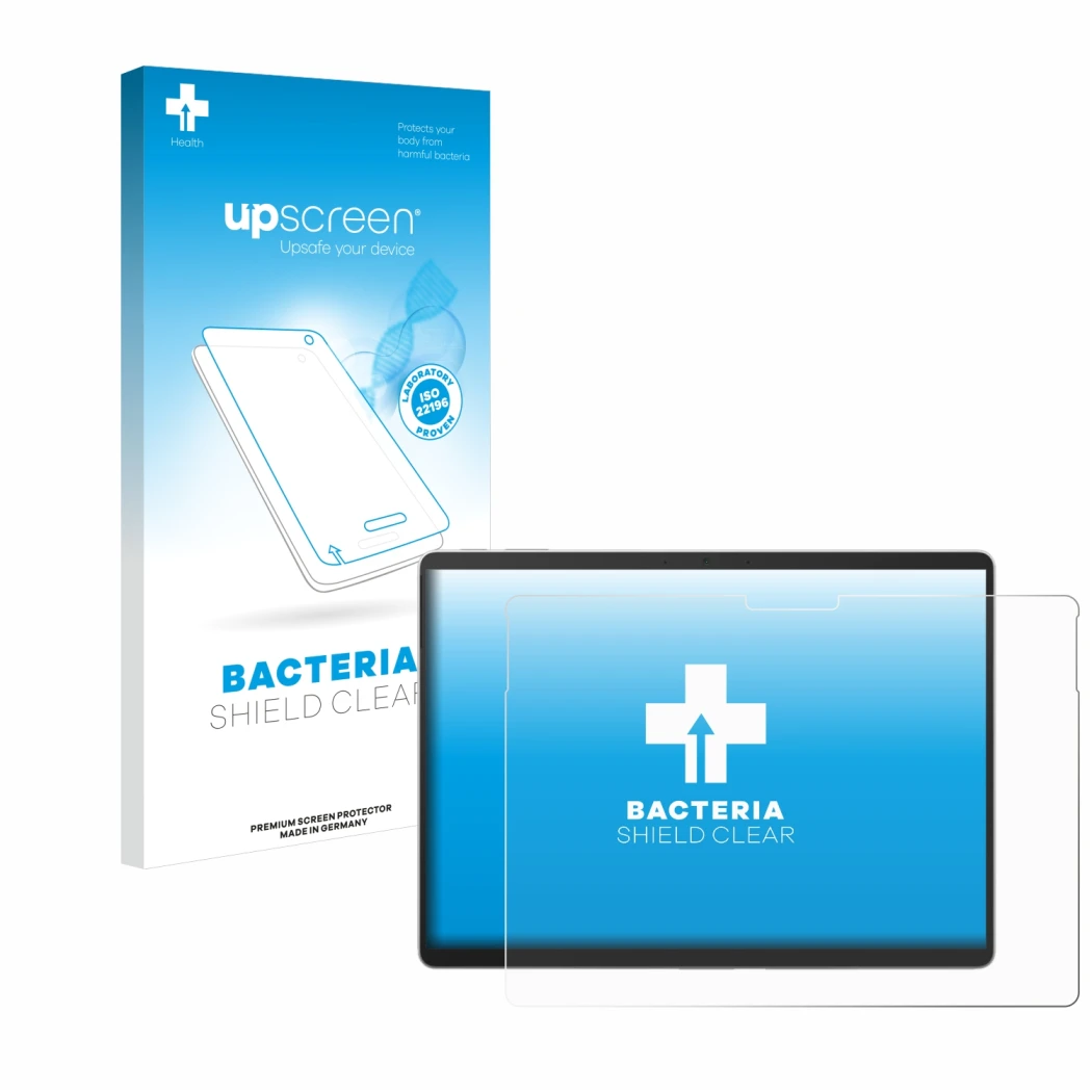 Front side of a product packaging with the brand logo upscreen. Next to it is the device Microsoft Surface Pro 9 shown with th
