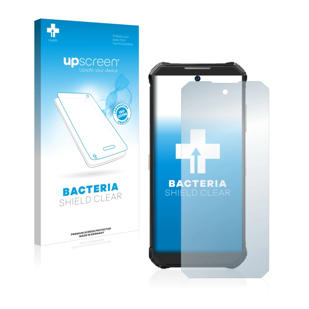 Front side of a product packaging with the brand logo upscreen. Next to it is the device Oukitel WP19 shown with the correspon