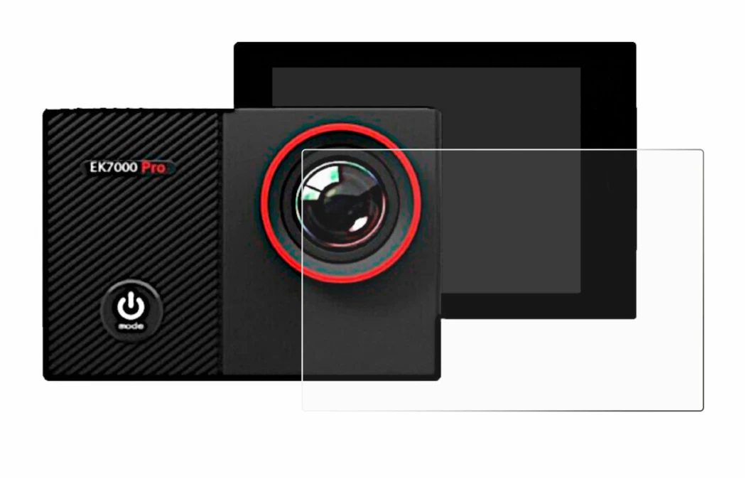 Image of the device Akaso EK7000 Pro with a wide variety of screen protectors.