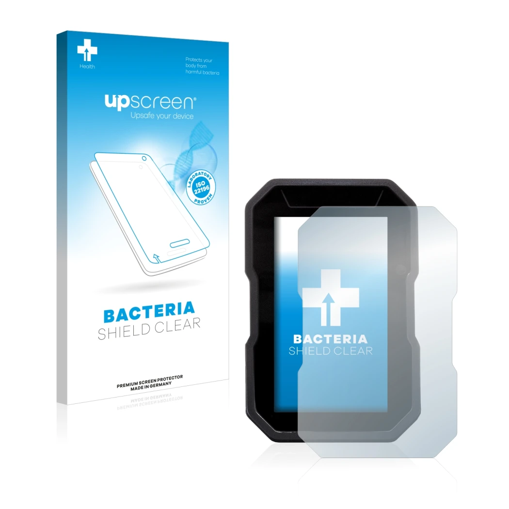 Front side of a product packaging with the brand logo upscreen. Next to it is the device Ducati DesertX 2022 shown with the co