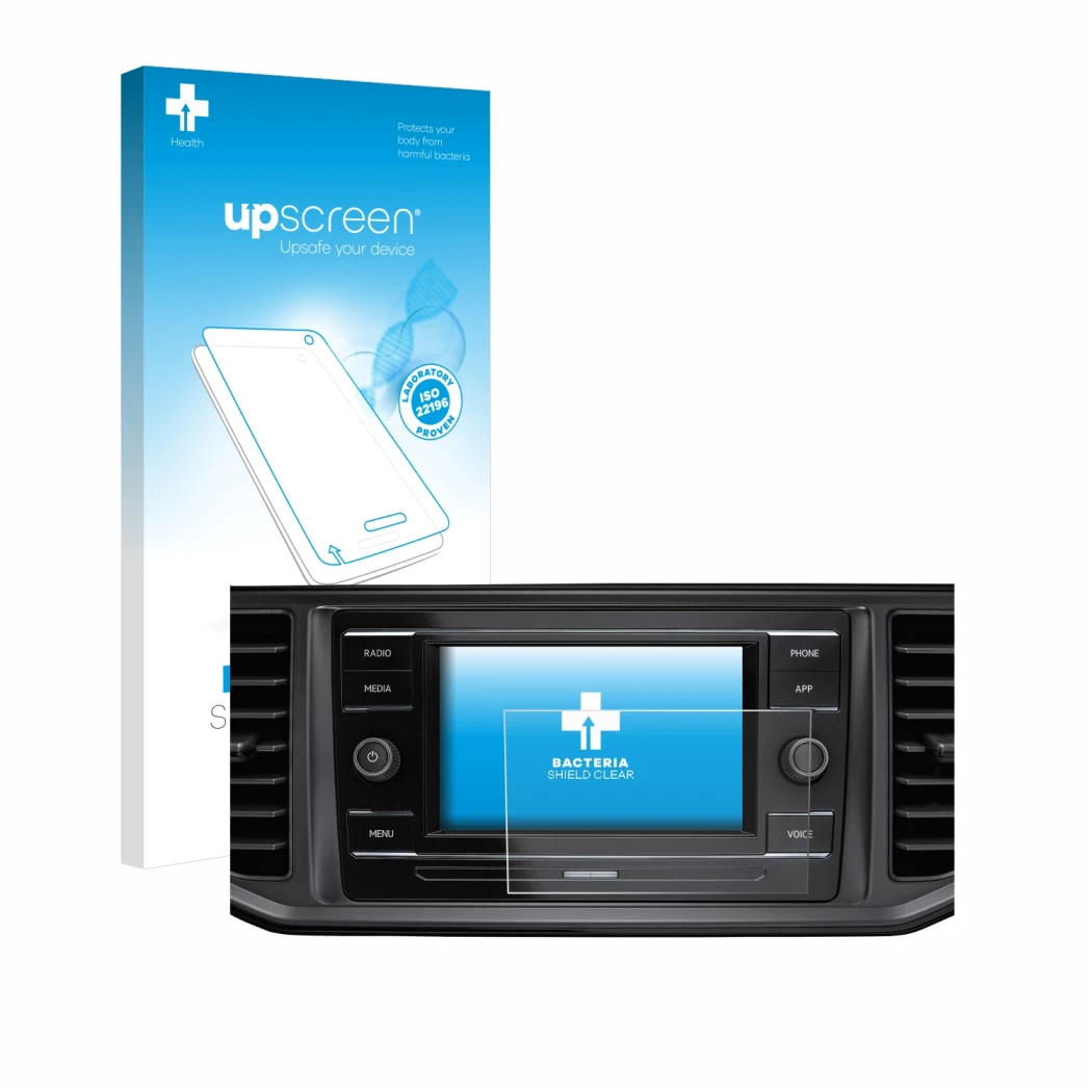 Front side of a product packaging with the brand logo upscreen. Next to it is the device Volkswagen Crafter Composition Colour