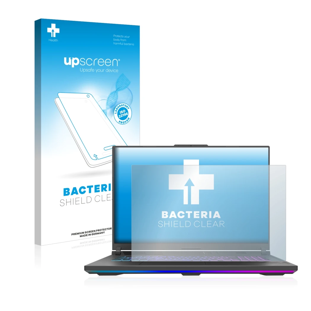 Front side of a product packaging with the brand logo upscreen. Next to it is the device ASUS ROG Strix G18 G814 2023 shown wi