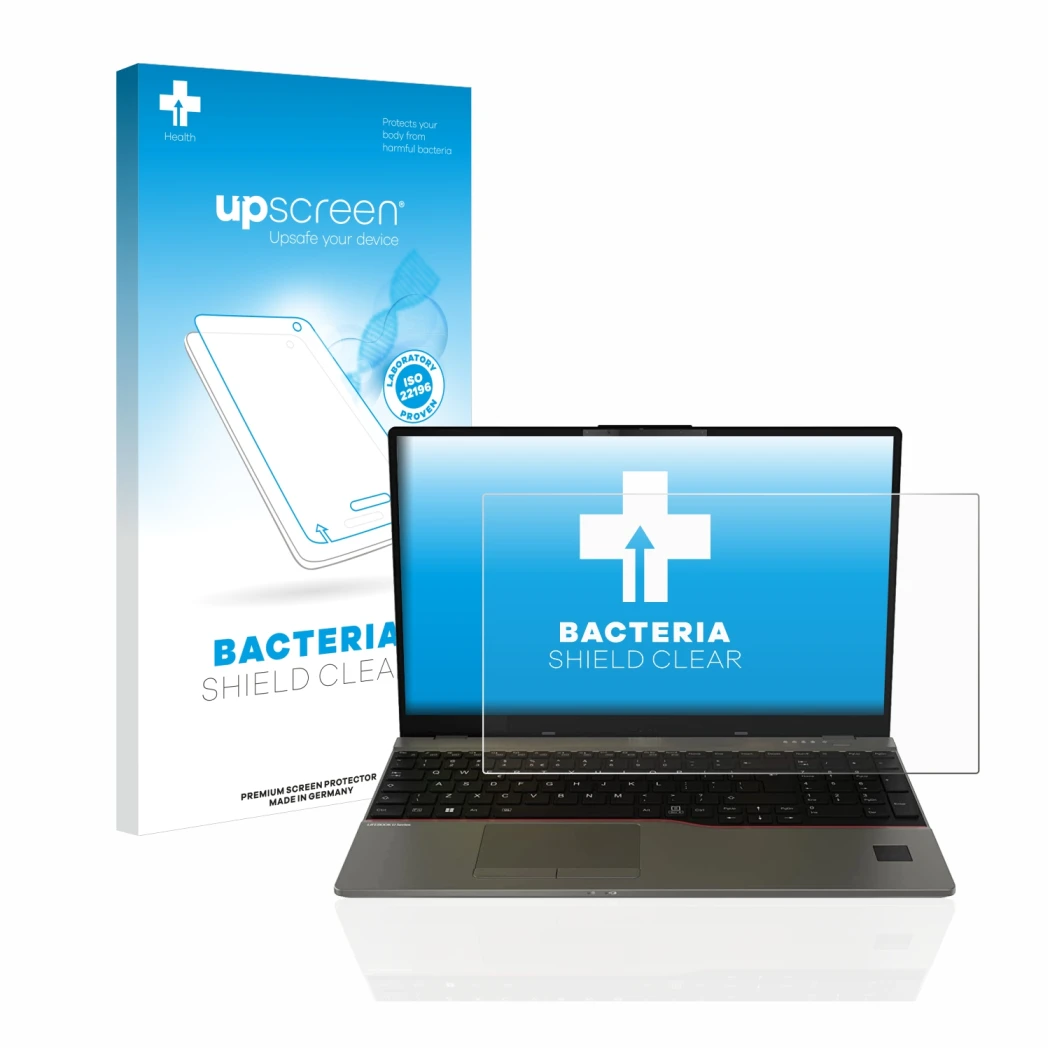 Front side of a product packaging with the brand logo upscreen. Next to it is the device Fujitsu Lifebook U7512 shown with the