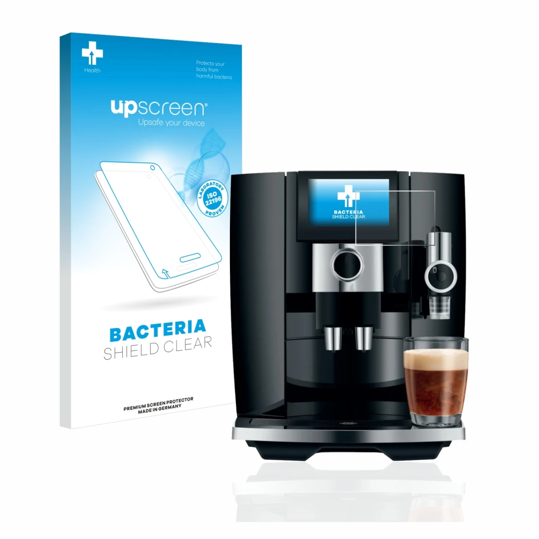 Front side of a product packaging with the brand logo upscreen. Next to it is the device Jura J8 shown with the corresponding