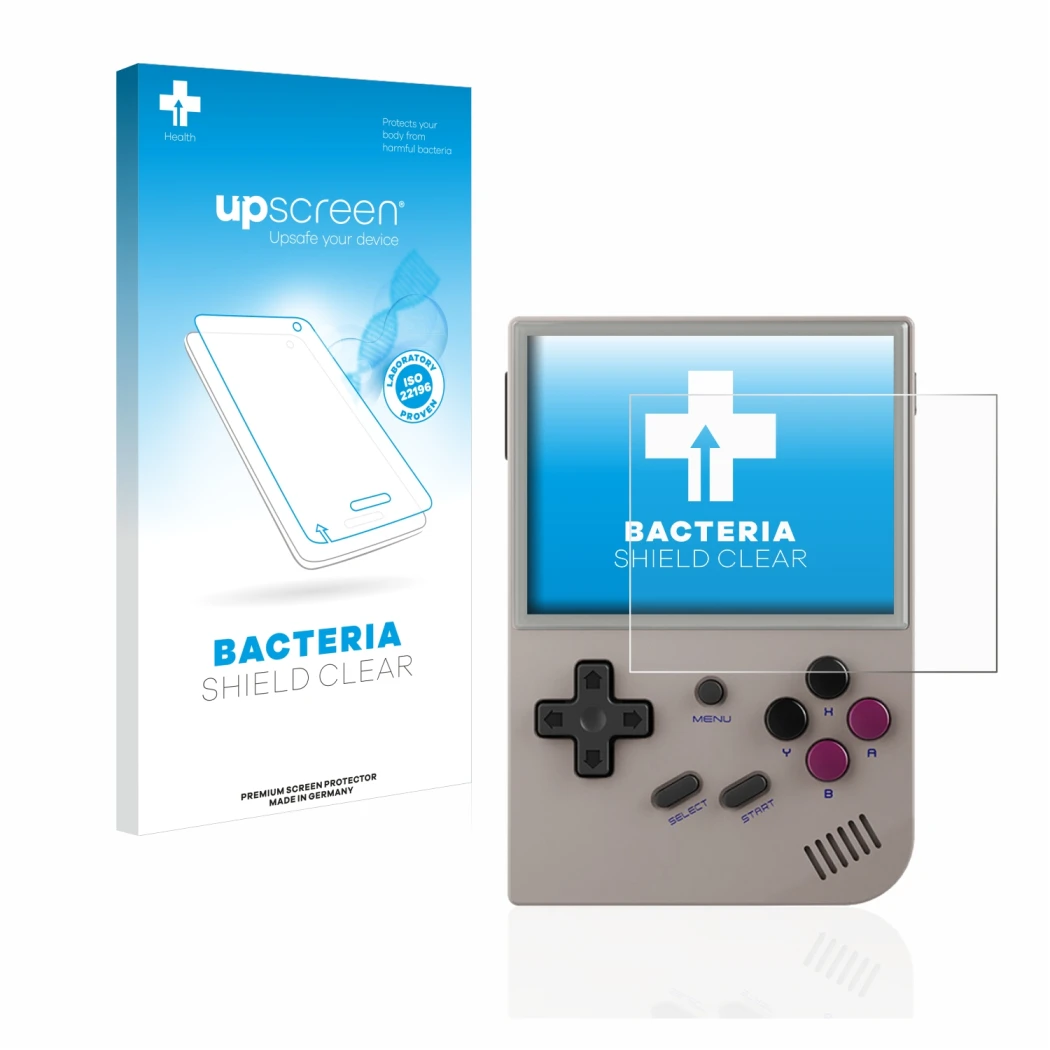 Front side of a product packaging with the brand logo upscreen. Next to it is the device Anbernic RG35XX shown with the corres