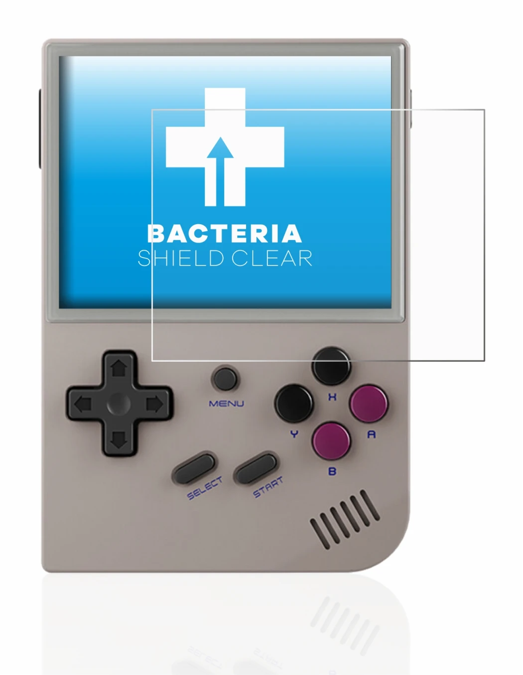 Image of the device Anbernic RG35XX with a wide variety of screen protectors.