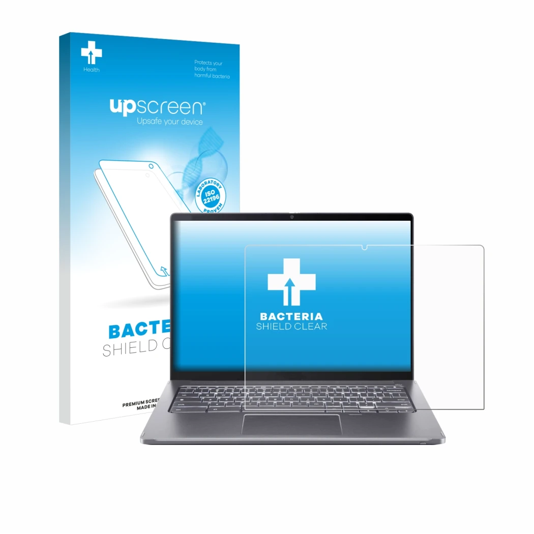 Front side of a product packaging with the brand logo upscreen. Next to it is the device Acer Chromebook Spin 714 shown with t