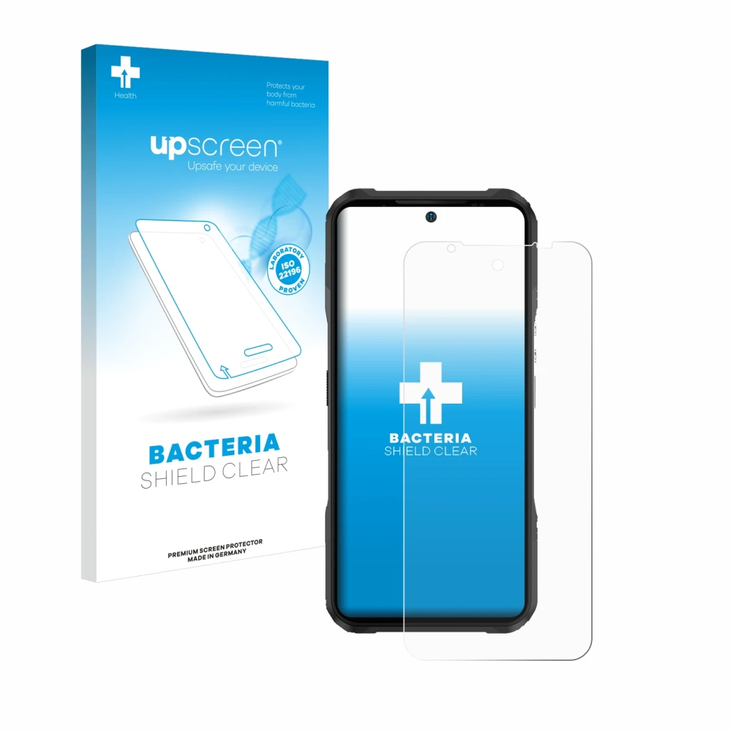 Front side of a product packaging with the brand logo upscreen. Next to it is the device Doogee V20 Pro shown with the corresp