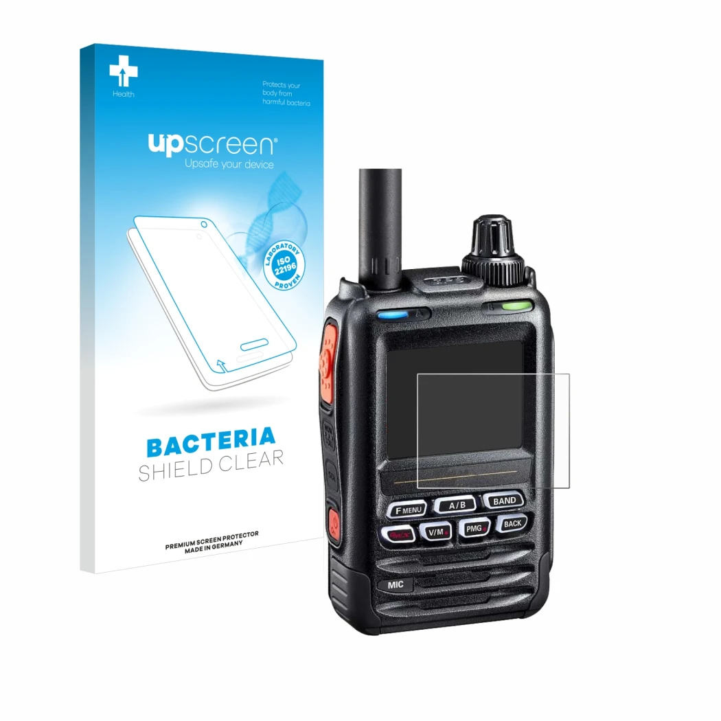 Front side of a product packaging with the brand logo upscreen. Next to it is the device Yaesu FT-5DE/DR shown with the corres