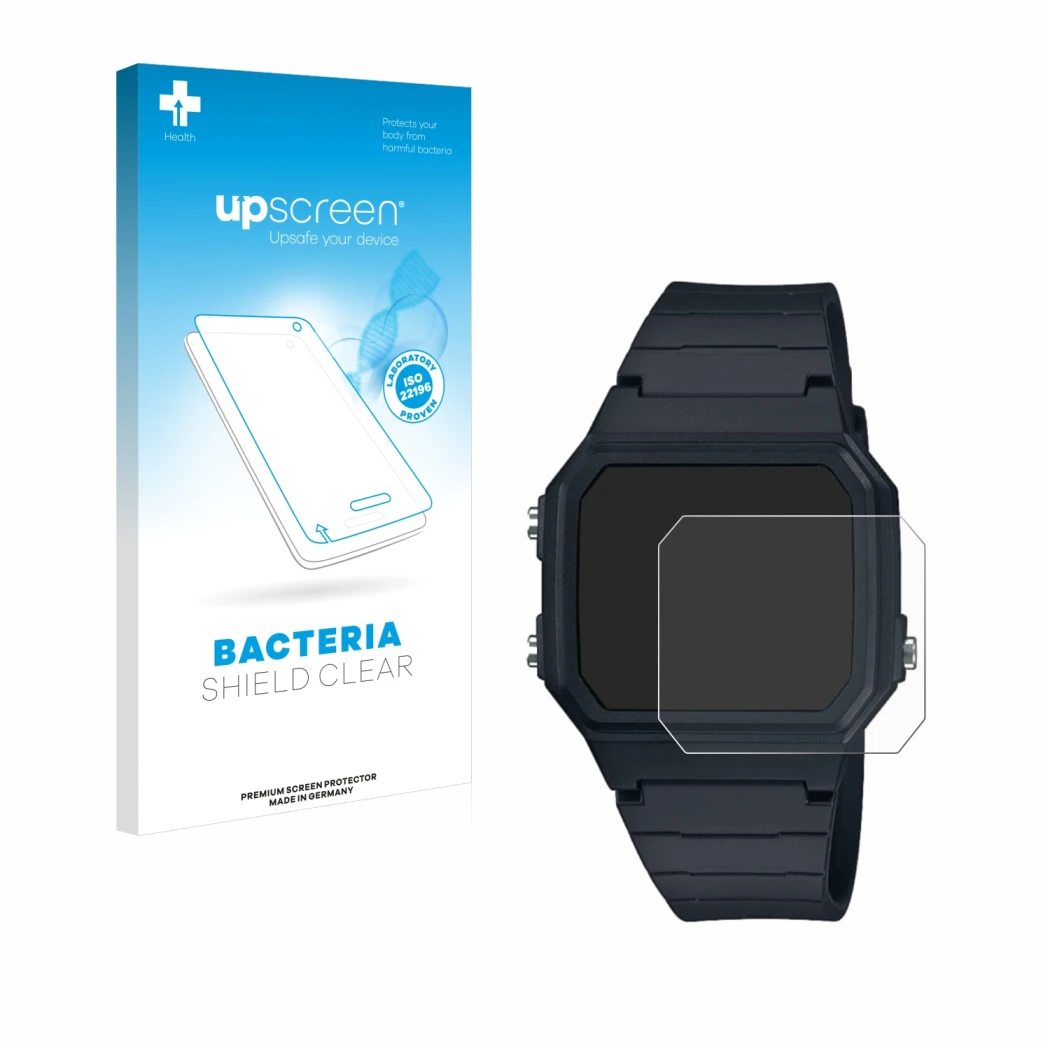 Front side of a product packaging with the brand logo upscreen. Next to it is the device Casio W-217H-1AVCF shown with the cor