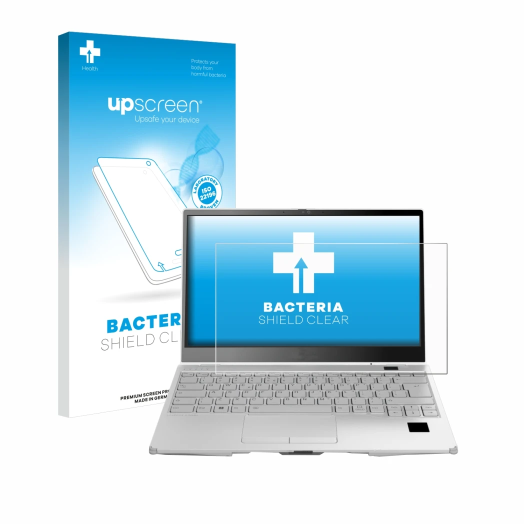 Front side of a product packaging with the brand logo upscreen. Next to it is the device Fujitsu Lifebook U9313X shown with th