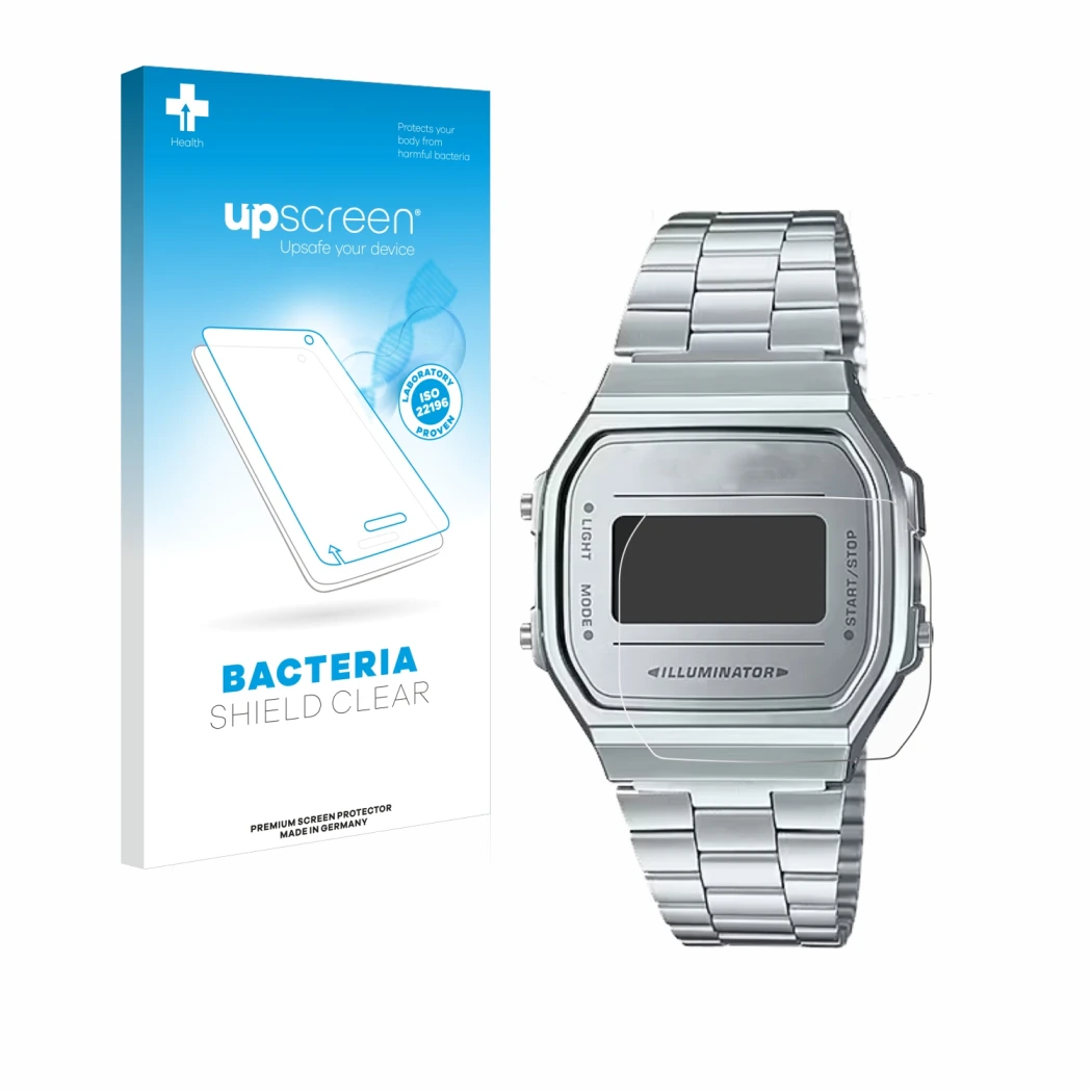 Front side of a product packaging with the brand logo upscreen. Next to it is the device Casio A168WEM-7EF shown with the corr