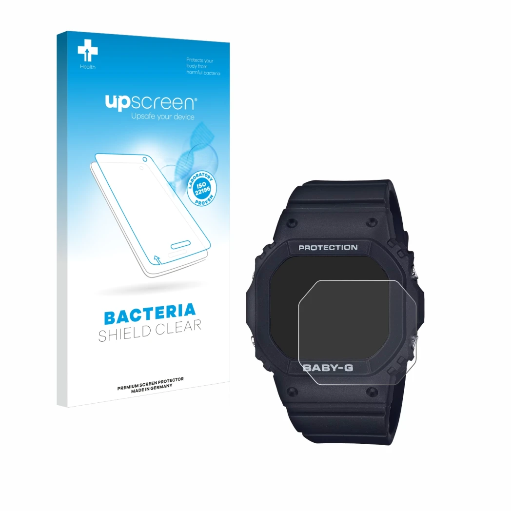 Front side of a product packaging with the brand logo upscreen. Next to it is the device Casio Baby-G BGD-565 shown with the c