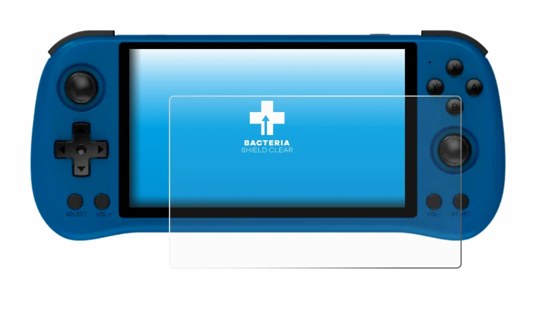 Image of the device Powkiddy X55 with a wide variety of screen protectors.