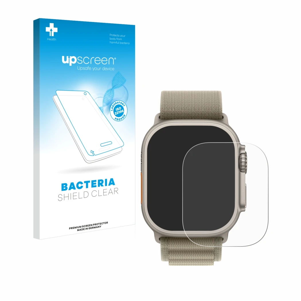 Front side of a product packaging with the brand logo upscreen. Next to it is the device Apple Watch Ultra 2 (49 mm) shown wit