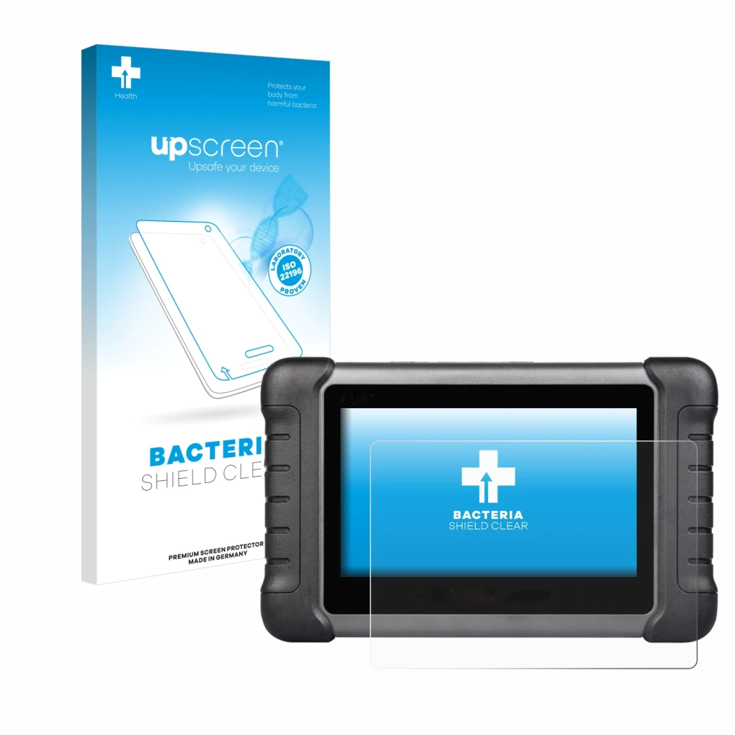 Front side of a product packaging with the brand logo upscreen. Next to it is the device Autel MaxiCheck MX808s shown with the