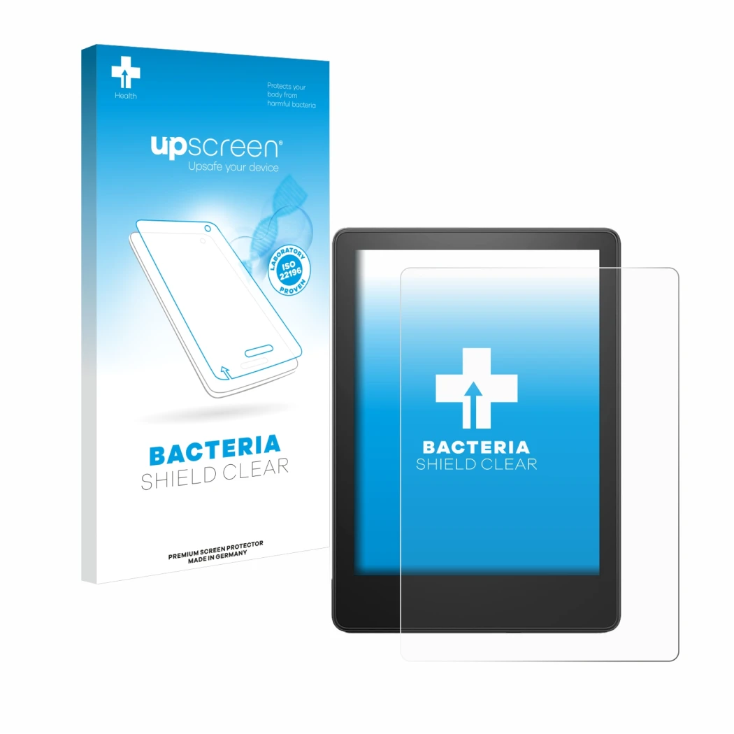 Front side of a product packaging with the brand logo upscreen. Next to it is the device Amazon Kindle Paperwhite 2023 (11th G