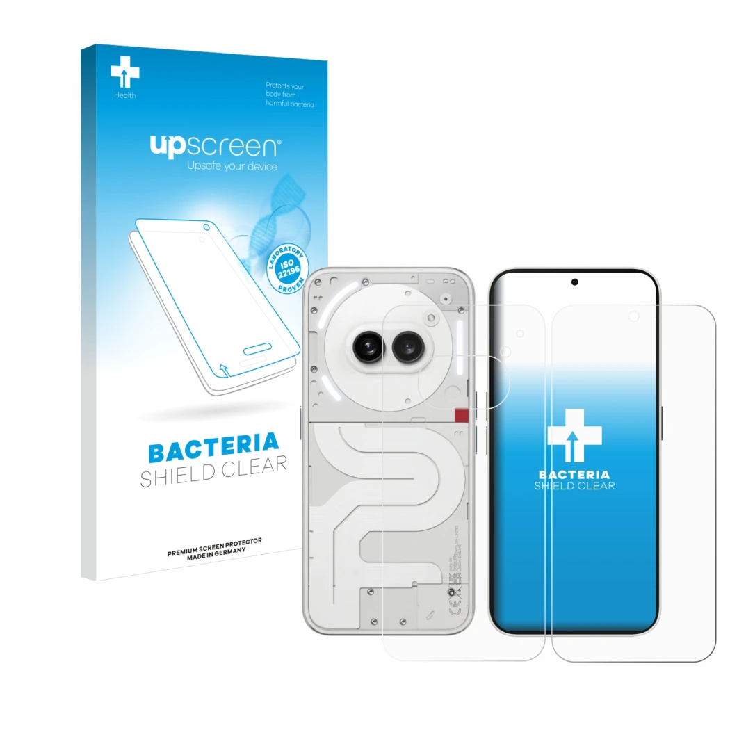 Front side of a product packaging with the brand logo upscreen. Next to it is the device Nothing Phone (2a) (Front+Back) shown