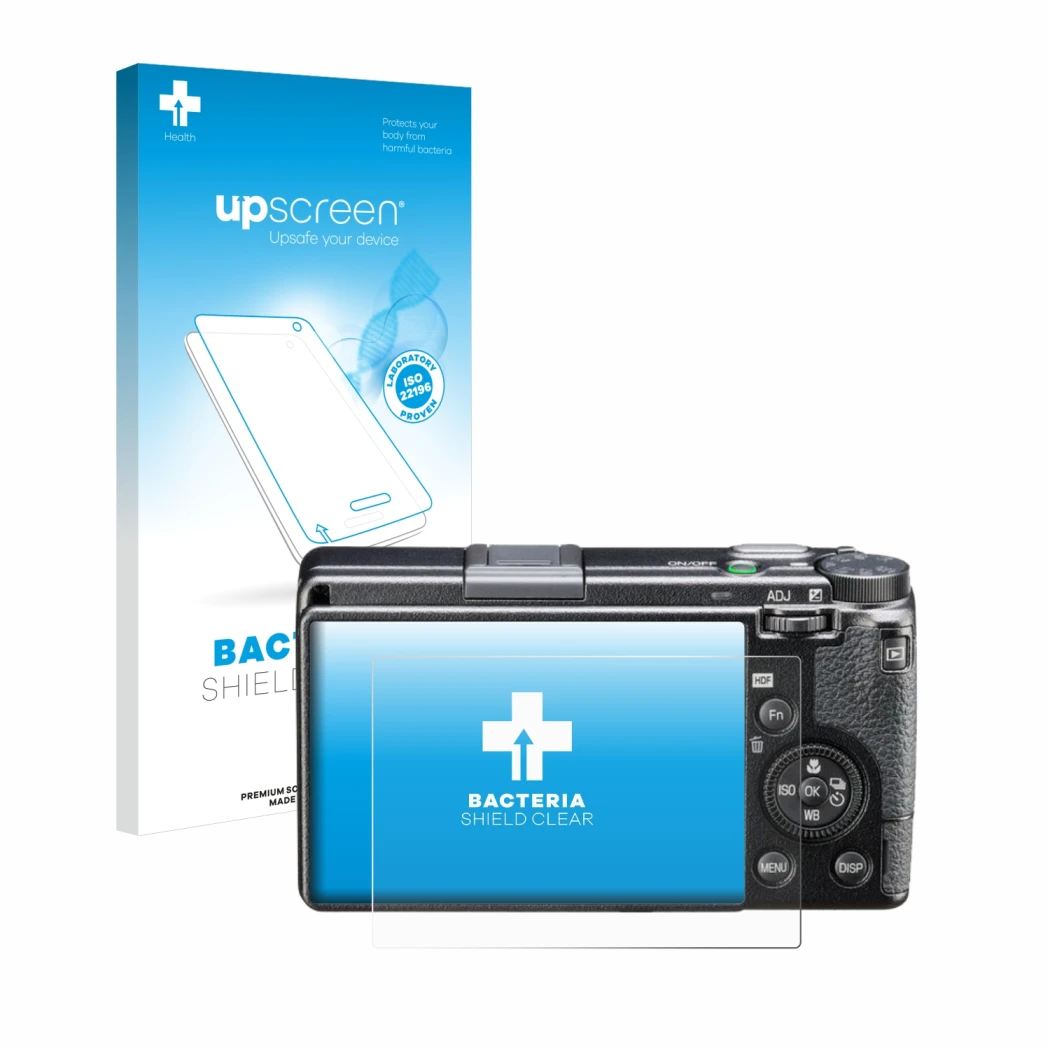 Front side of a product packaging with the brand logo upscreen. Next to it is the device Ricoh GR IIIx HDF shown with the corr