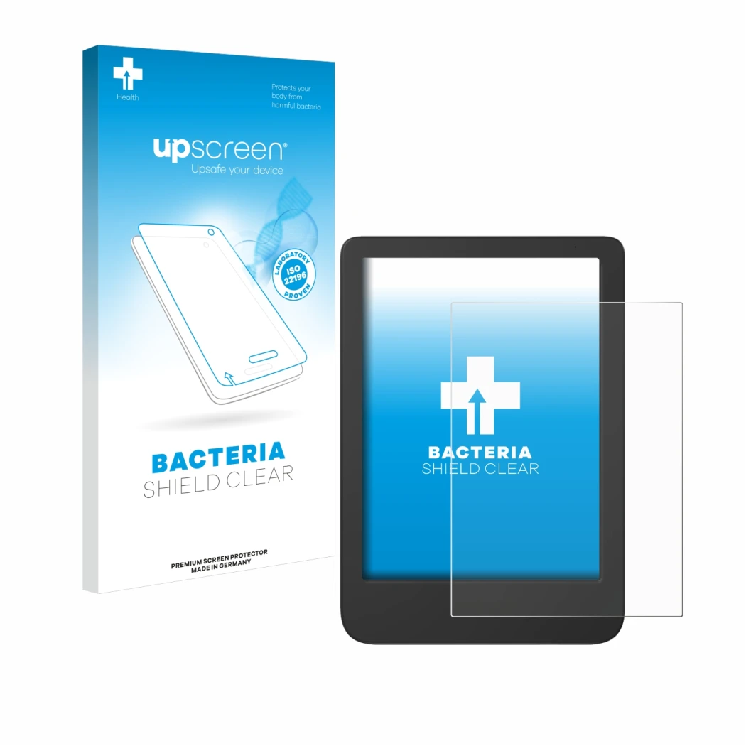 Front side of a product packaging with the brand logo upscreen. Next to it is the device Tolino Shine 5 Color 2024 shown with 