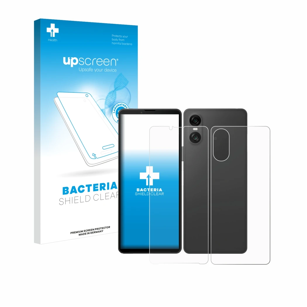 Front side of a product packaging with the brand logo upscreen. Next to it is the device Sony Xperia 10 VI (Front+Back) shown