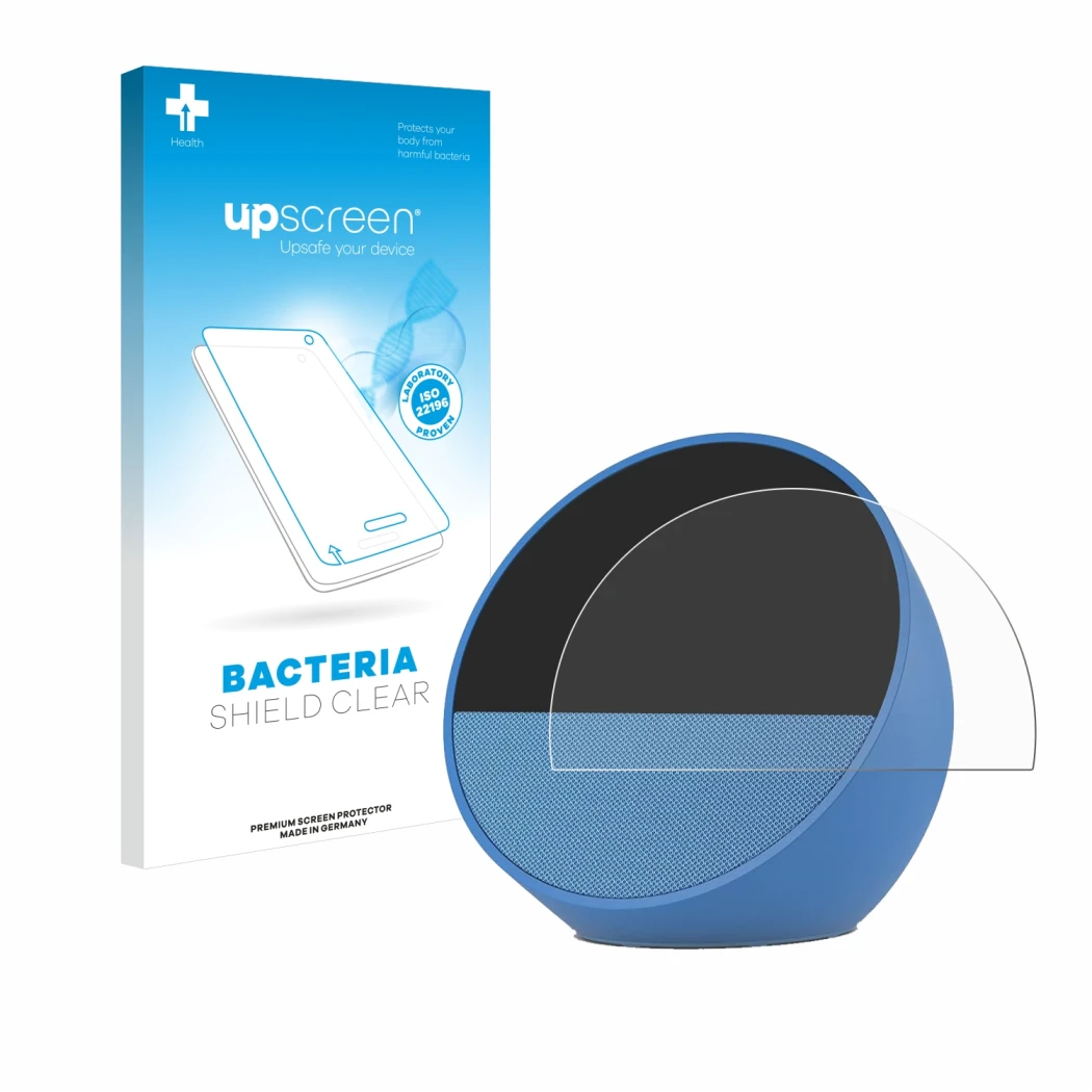Front side of a product packaging with the brand logo upscreen. Next to it is the device Amazon Echo Spot 2024 shown with the