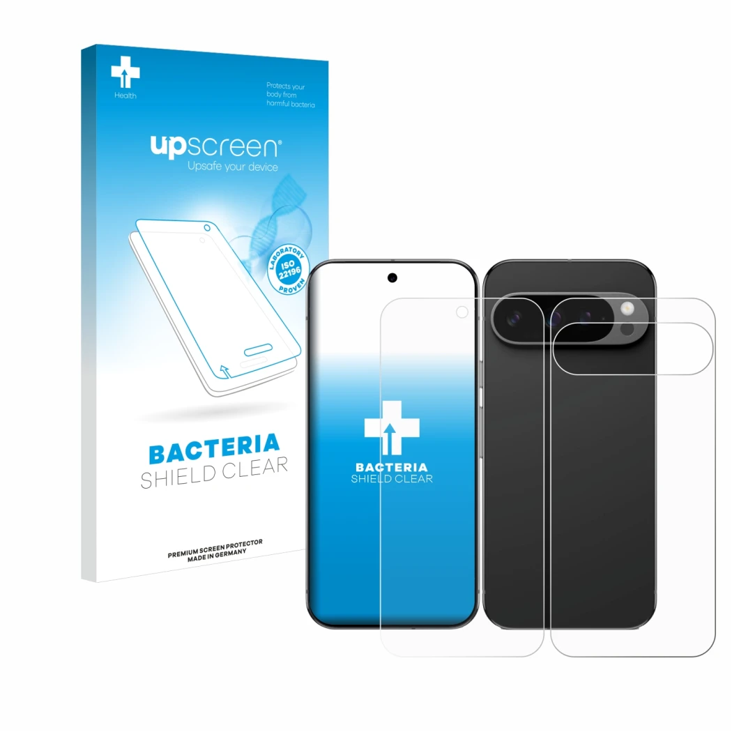 Front side of a product packaging with the brand logo upscreen. Next to it is the device Google Pixel 9 Pro XL (Front+Back) sh