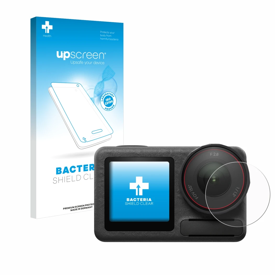 Front side of a product packaging with the brand logo upscreen. Next to it is the device DJI Osmo Action 5 Pro (Lens) shown wi