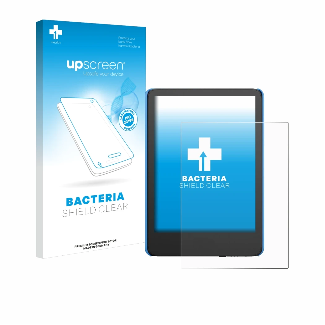 Front side of a product packaging with the brand logo upscreen. Next to it is the device Amazon Kindle Kids (2024) shown with 