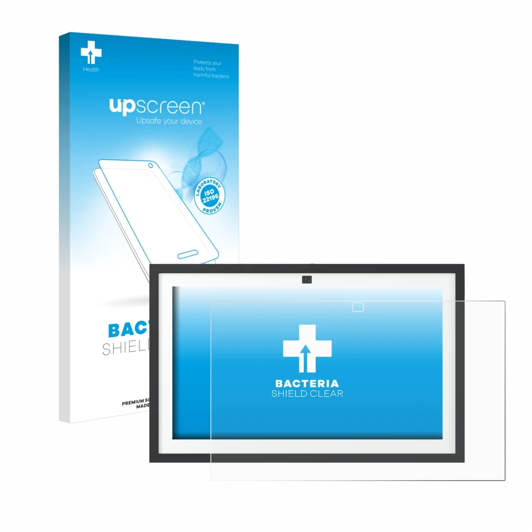 Front side of a product packaging with the brand logo upscreen. Next to it is the device Amazon Echo Show 15 2024 shown with t