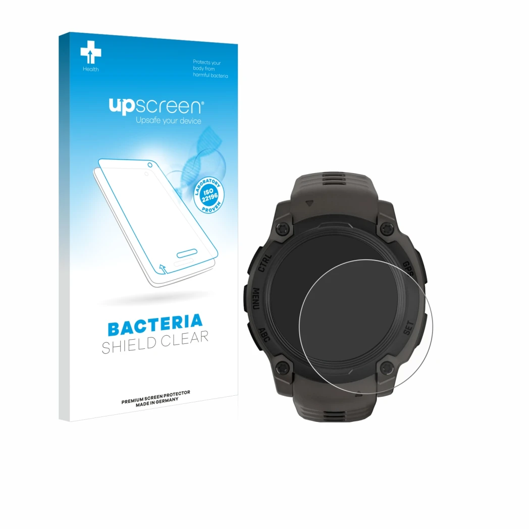 Front side of a product packaging with the brand logo upscreen. Next to it is the device Garmin Instinct E (40 mm) shown with 
