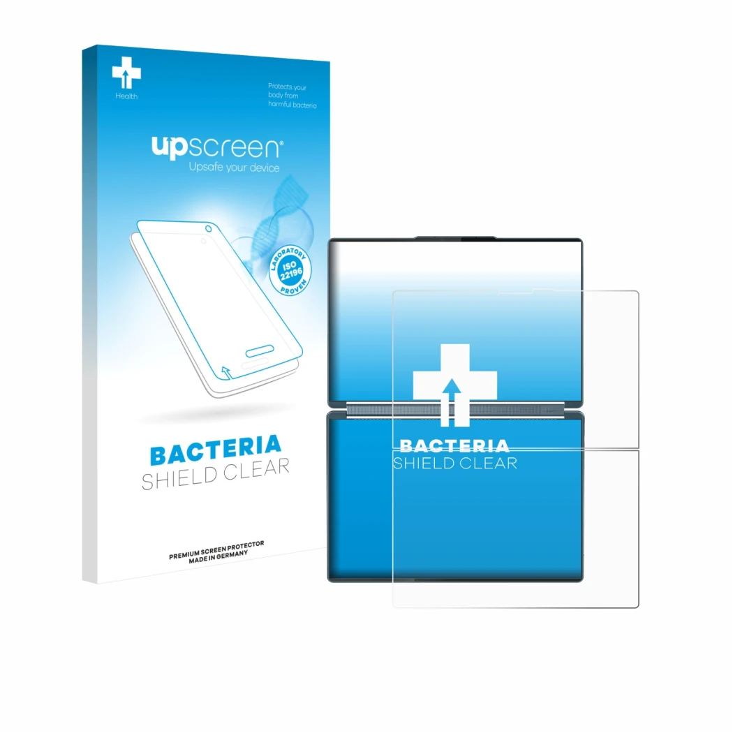 Front side of a product packaging with the brand logo upscreen. Next to it is the device Lenovo Yoga Book 9i Gen 10 shown with