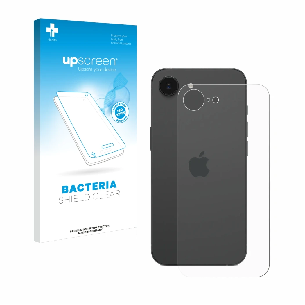 Front side of a product packaging with the brand logo upscreen. Next to it is the device Apple iPhone 16e (Back) shown with th